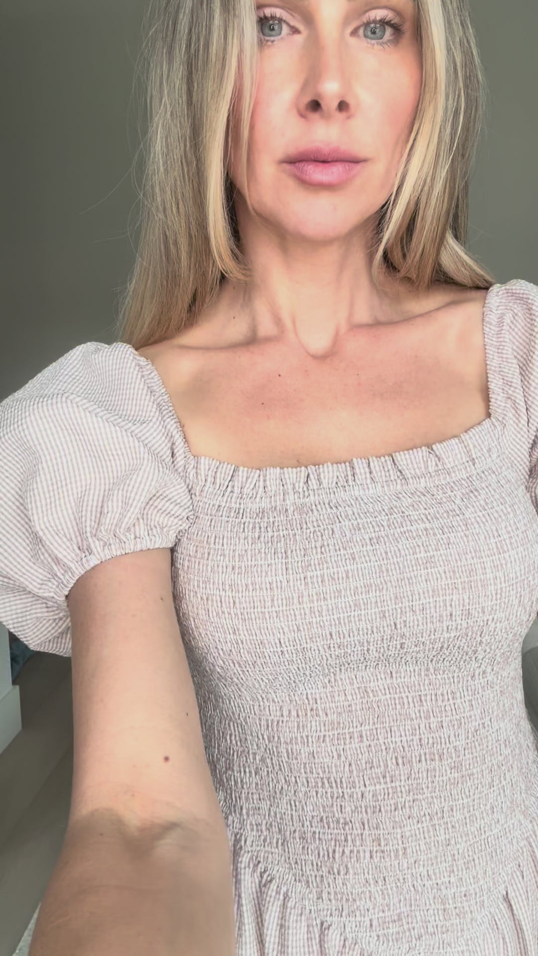 Ramona - Smocked Puff Sleeve Square Neck Dress Tan Gingham