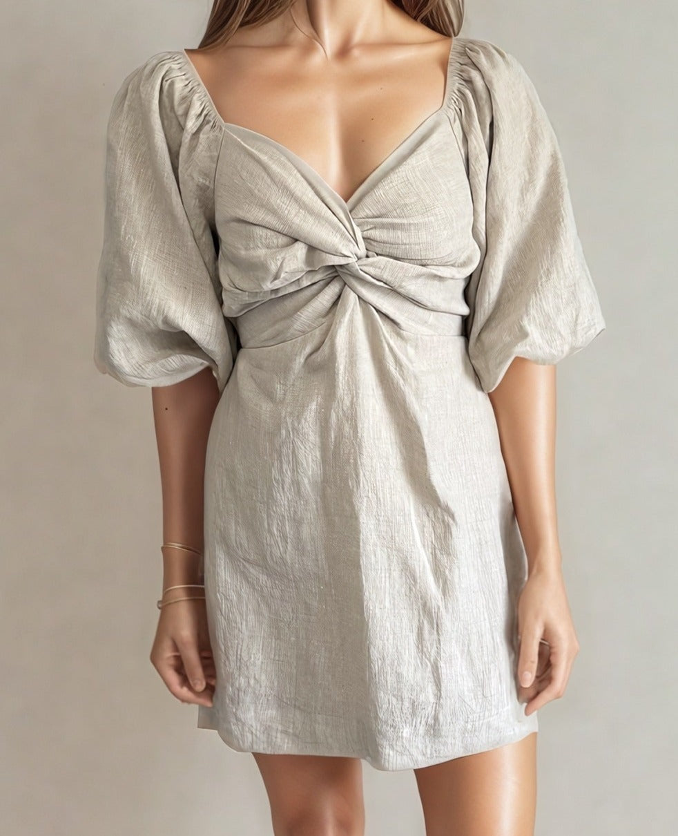 Noelle Linen Bubble Sleeve Dress in Oat