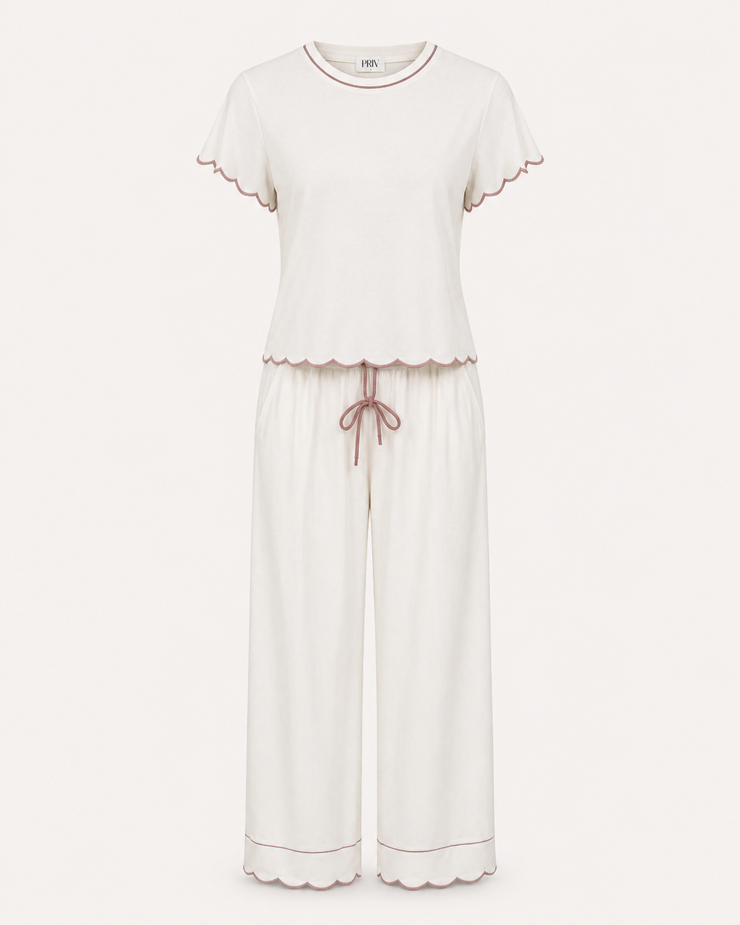 Rosewood silky PJ set in ivory with pink piping – bamboo-modal sleepwear by PRIV the Brand