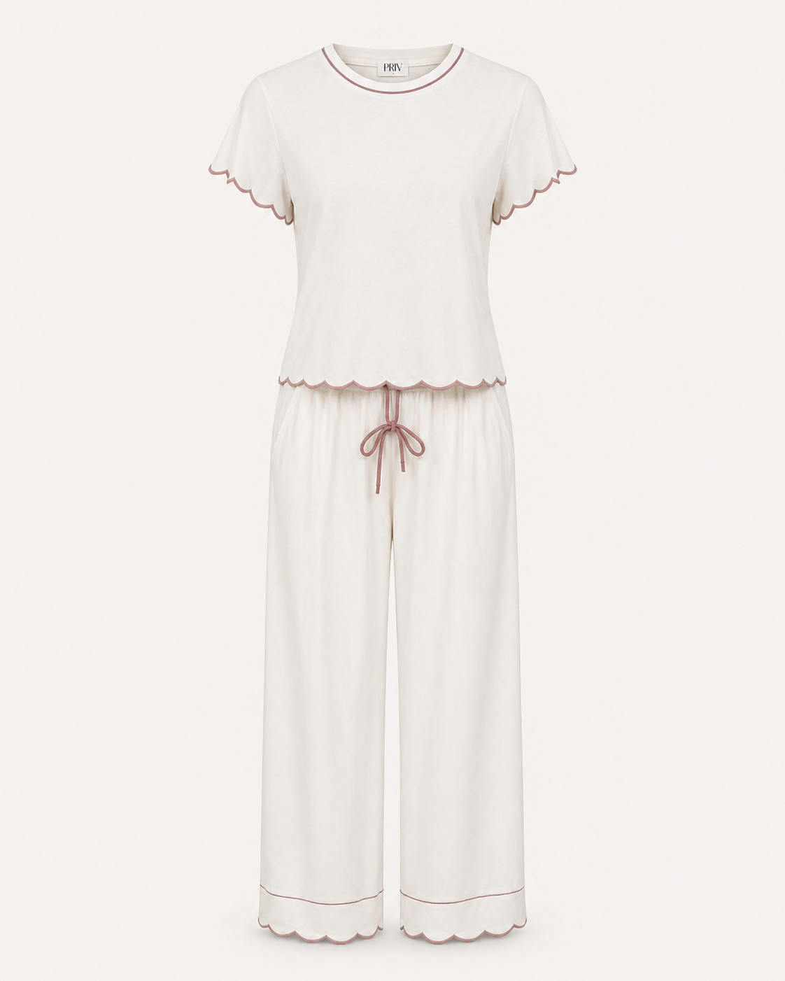 Rosewood silky PJ set in ivory with pink piping – bamboo-modal sleepwear by PRIV the Brand