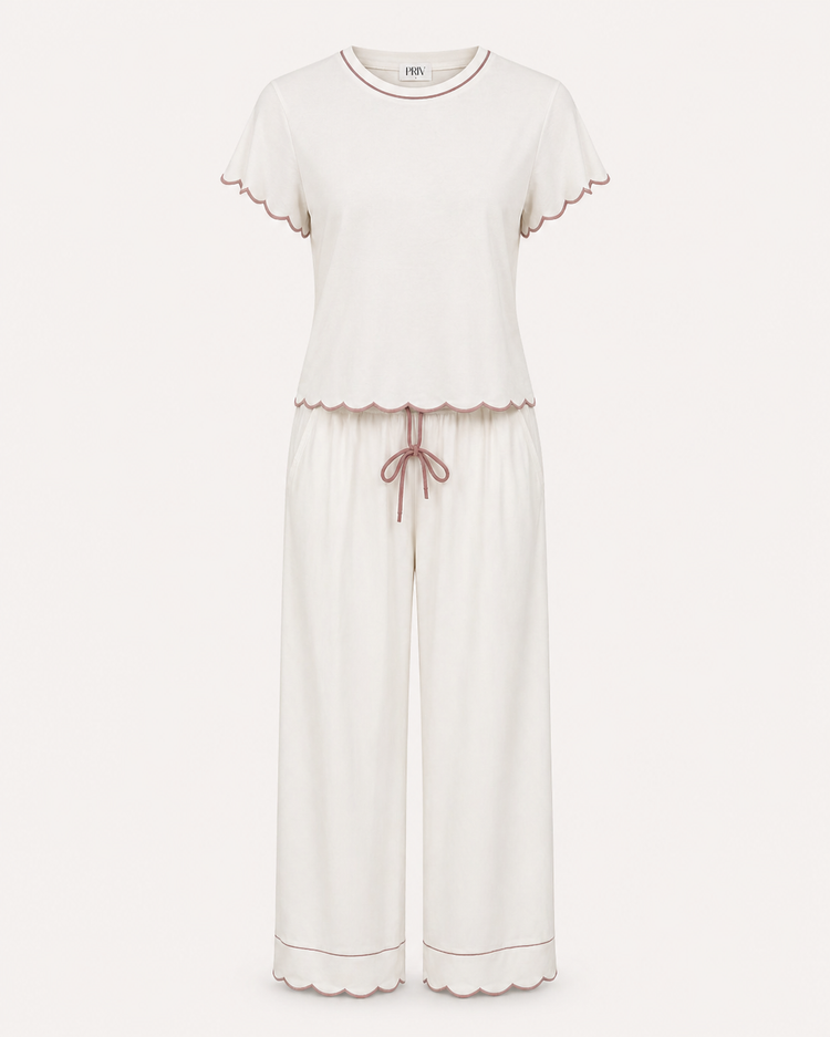 Rosewood silky PJ set in ivory with pink piping – bamboo-modal sleepwear by PRIV the Brand